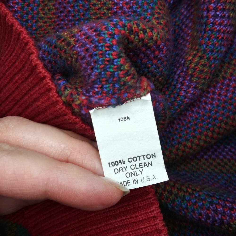 Vintage 80's Men's Grandpa Style Red & Purple Multicolored Paisley Sweater - Picture 9 of 10